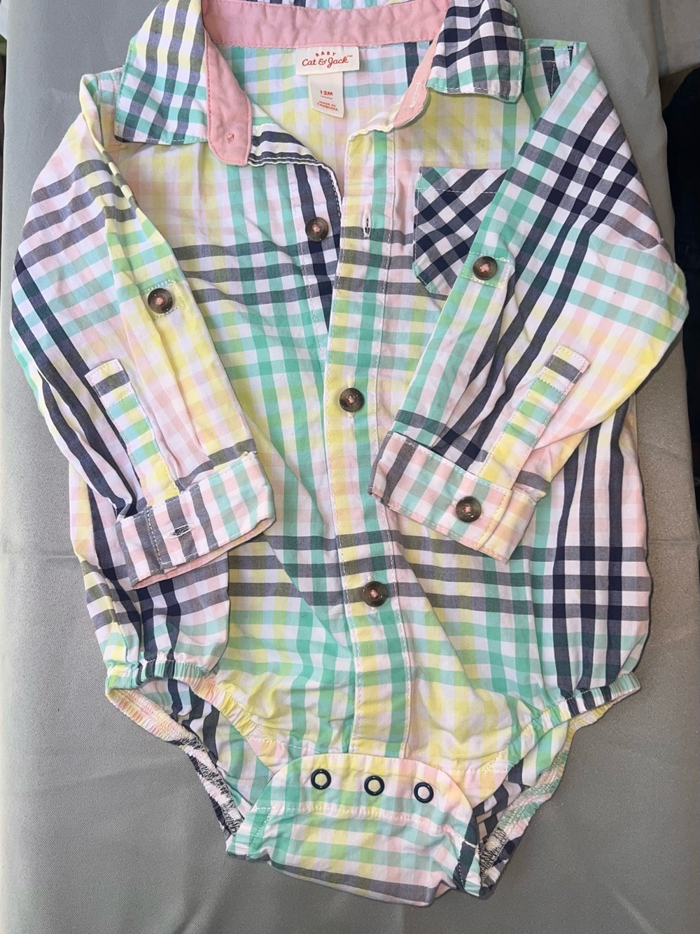 Cat & Jack Pastel Plaid Button-Up Baby Onesie - Mint Pink Yellow Navy